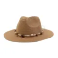 Summer straw fedora hat with bohemian beaded rope band for beach sun protection and travel. - Khaki