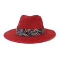 Red straw fedora sun hat for men and women, stylish summer beach travel fashion hat with band. - Red