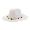 Stylish white straw sun hat with beaded rope trim, perfect for summer beach and outdoor wear. - White