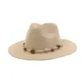 Summer straw fedora sun hat with shell and bead braided decor, casual beach hat detail. - Beige