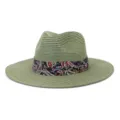 Green fedora straw hat with colorful paisley ribbon for summer outdoor beach sun protection. - Army Green