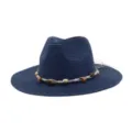 Classic navy blue straw fedora sun hat with beaded rope band for summer outdoor beach wear. - Navy Blue