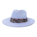 Detail view of stylish light blue straw fedora sun hat with colorful paisley ribbon - Sky Blue