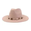 Detailed view of the stylish woven straw sun hat featuring a decorative beaded rope band. - Pink
