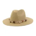 Detail view of a stylish straw fedora hat featuring beaded rope decor for summer outdoor sun protection. - Deep Beige