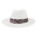Straw hat detail, white woven texture, colorful paisley ribbon band, perfect summer sun beach wear. - White