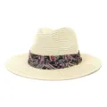 Summer straw fedora hat for men and women, stylish paisley band sun protection beach cap. - Beige