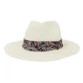 Close-up of a stylish summer straw fedora hat featuring a colorful paisley band detail. - Cream
