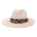 Stylish women men summer straw hat beach sun protection outdoor travel paisley band fedora - Pink