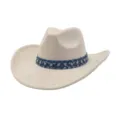 Detailed close-up view of the beige suede cowboy hat featuring a blue denim rhinestone band. - One Size 57-58cm / Beige