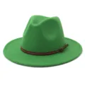 Green wool felt fedora hat detail, stylish brown leather belt with buckle, flat brim jazz hat. - 58cm / Grass Green
