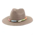 Summer straw fedora sun hat with colorful woven band, wide brim outdoor beach hat for unisex. - Dusty Pink
