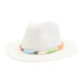 Close-up detail of a white straw fedora hat featuring a colorful woven band for summer sun. - White