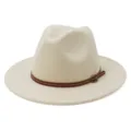 Classic beige wool felt fedora hat with brown leather belt and buckle for men and women - 58cm / Beige