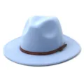 Light blue wool fedora hat detail featuring brown leather belt and metal buckle, stylish accessory. - 58cm / Sky Blue