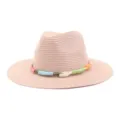 Pink straw fedora sun hat with colorful woven rope band for summer outdoor fashion women men - Pink