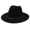 Black wool fedora hat for men and women wide brim jazz hat with brown leather belt. - 58cm / Black