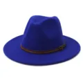 Blue wool felt fedora hat detail, elegant wide flat brim with brown leather belt and buckle. - 58cm / Sapphire Blue