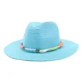 Light blue straw sun hat for women and men, wide brim fedora hat with colorful woven band. - Lake Blue