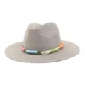 Grey straw fedora sun hat with colorful woven rope band detail for outdoor summer wear. - Gray