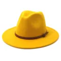 Yellow felt fedora hat detail, wide flat brim, brown leather belt buckle decoration. - 58cm / Yellow