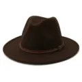 Classic dark brown felt fedora hat with a stylish leather belt strap and metal buckle detail. - 58cm / Coffee
