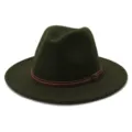 Dark green wool felt fedora hat with brown leather belt and buckle detail, fine texture. - 58cm / Army Green