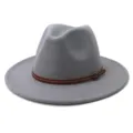 Close-up view showing the grey felt fedora hat brim and brown leather belt details. - 58cm / Light Gray