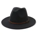 Detail view of a classic black wool fedora hat featuring a stylish brown leather strap. - 58cm / Dark Gray