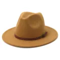 Classic wide brim fedora hat detail, camel wool felt jazz cap with brown leather strap and buckle. - 58cm / Camel