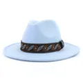 Light blue wool fedora hat with ethnic pattern band, wide brim jazz hat detail view. - 58cm / Sky Blue