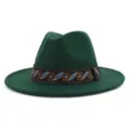 Green wool fedora hat for men women wide brim jazz hat with ethnic style woven hat band. - 58cm / Dark Green