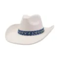White suede cowboy hat featuring a rhinestone denim band, retro rolled brim for outdoor wear. - One Size 57-58cm / Cream