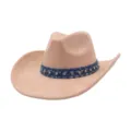 Detailed view of khaki suede cowboy hat featuring a stylish blue denim rhinestone hatband. - One Size 57-58cm / Champagne