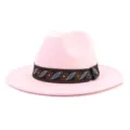Pink wool felt fedora hat featuring an ethnic woven band, wide flat brim detail view. - 58cm / Pink