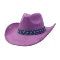 Purple suede cowboy hat detail showing rhinestone denim band and curved brim design closeup. - One Size 57-58cm / Medium Purple