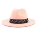 Close-up detail view of the pink wool fedora hat featuring ethnic patterned band. - 58cm / Dusty Pink