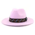 Pink wool fedora hat detail, elegant ethnic patterned band, stylish wide brim jazz hat accessory. - 58cm / Pink Purple
