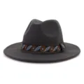 Dark grey wool fedora hat detail, vintage ethnic woven band, wide brim jazz cap for men women. - 58cm / Dark Gray