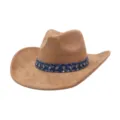 Detailed view of a brown suede western cowboy hat featuring a stylish studded denim band. - One Size 57-58cm / Camel