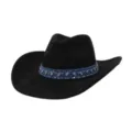 Detailed view of black suede cowboy hat with blue denim rhinestone studded hatband, stylish. - One Size 57-58cm / Black