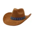 Close-up of the textured brown suede surface and the sparkling rhinestone denim decorative band. - One Size 57-58cm / Khaki