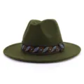 Close-up view of the olive green wool felt fedora hat featuring an ethnic woven ribbon band. - 58cm / Army Green
