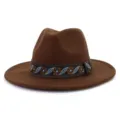Brown wool fedora hat with ethnic embroidered band wide brim jazz hat for men and women - 58cm / Coffee