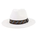 Elegant white felt fedora hat with ethnic style woven band, stylish wide brim jazz hat for adults. - 58cm / White