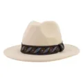 Ethnic style wool fedora hat with embroidered band, wide brim jazz hat for men and women. - 58cm / Beige