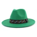Green felt fedora hat for men and women with ethnic woven ribbon band jazz cap stylish - 58cm / Dark Green