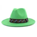 Green fedora hat for men and women, stylish wool felt jazz cap with ethnic pattern band detail. - 58cm / Grass Green