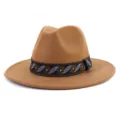 Classic brown felt fedora hat with ethnic embroidered band stylish wide brim jazz hat for men women - 58cm / Khaki