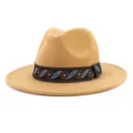 Camel wool fedora hat with ethnic woven band stylish wide brim jazz hat for men and women - 58cm / Camel